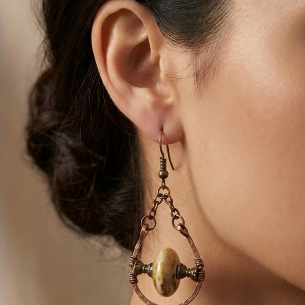Handcrafted Copper & Stone Dangle Earrings – Boho Rustic - Picture 2 of 3